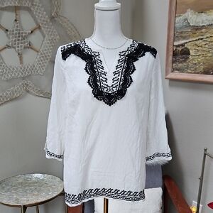 Talbots White Tunic Top with Black Lace Trim - Women